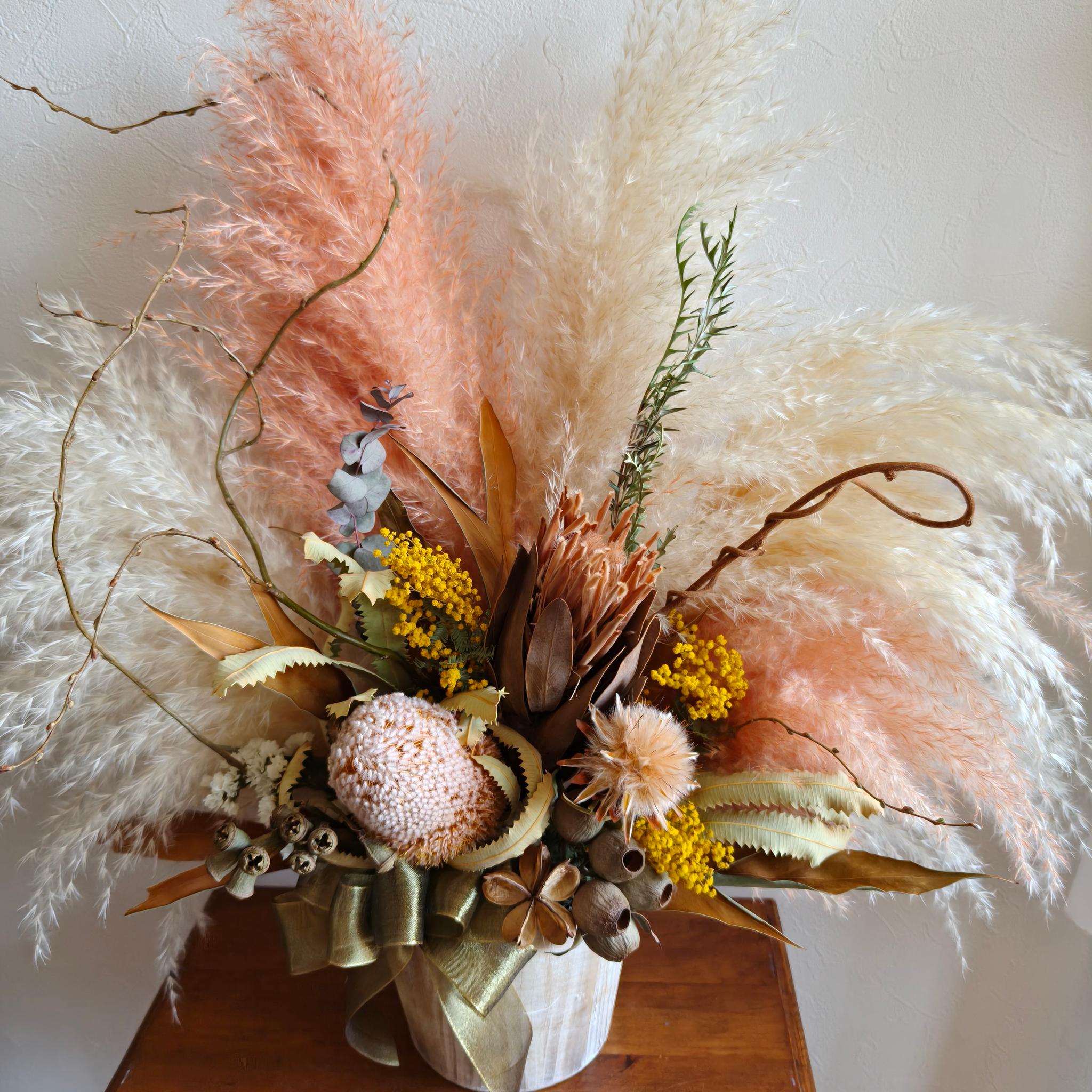 ワイルドフラワーとミモザのお祝い花L　パンパスグラス 開店祝い周年祝い新築祝い　インテリア店舗装飾　ドライフラワー | 5枚目